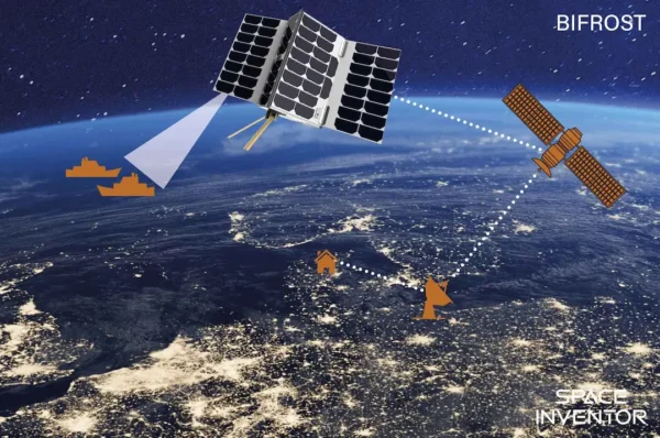 Satellite communication with ships and buildings over Earth