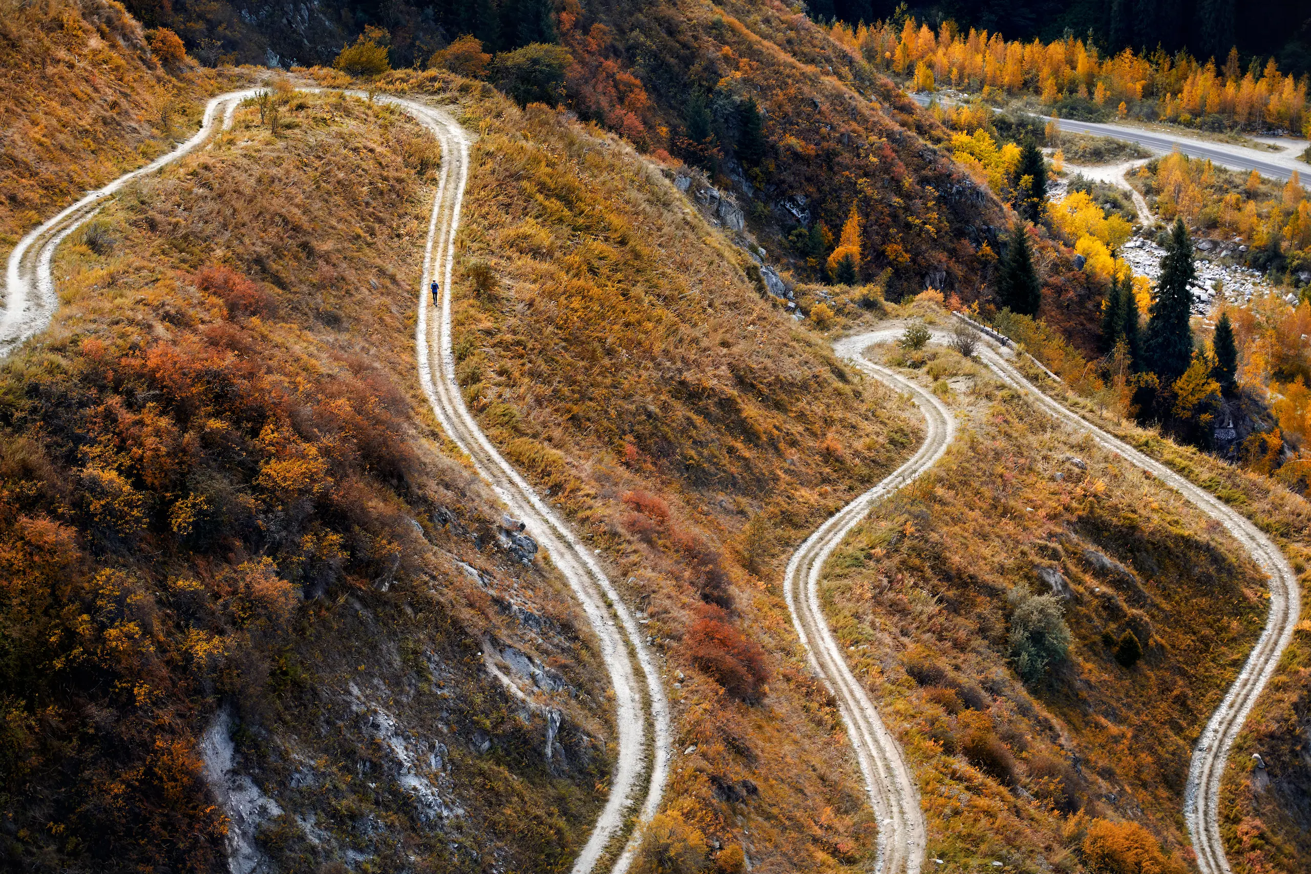 Winding mountain path with autumn foliage.