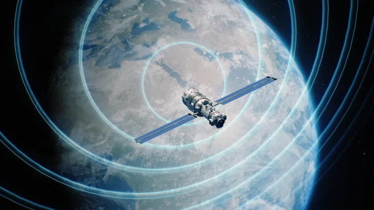 Satellite orbiting Earth with communication waves