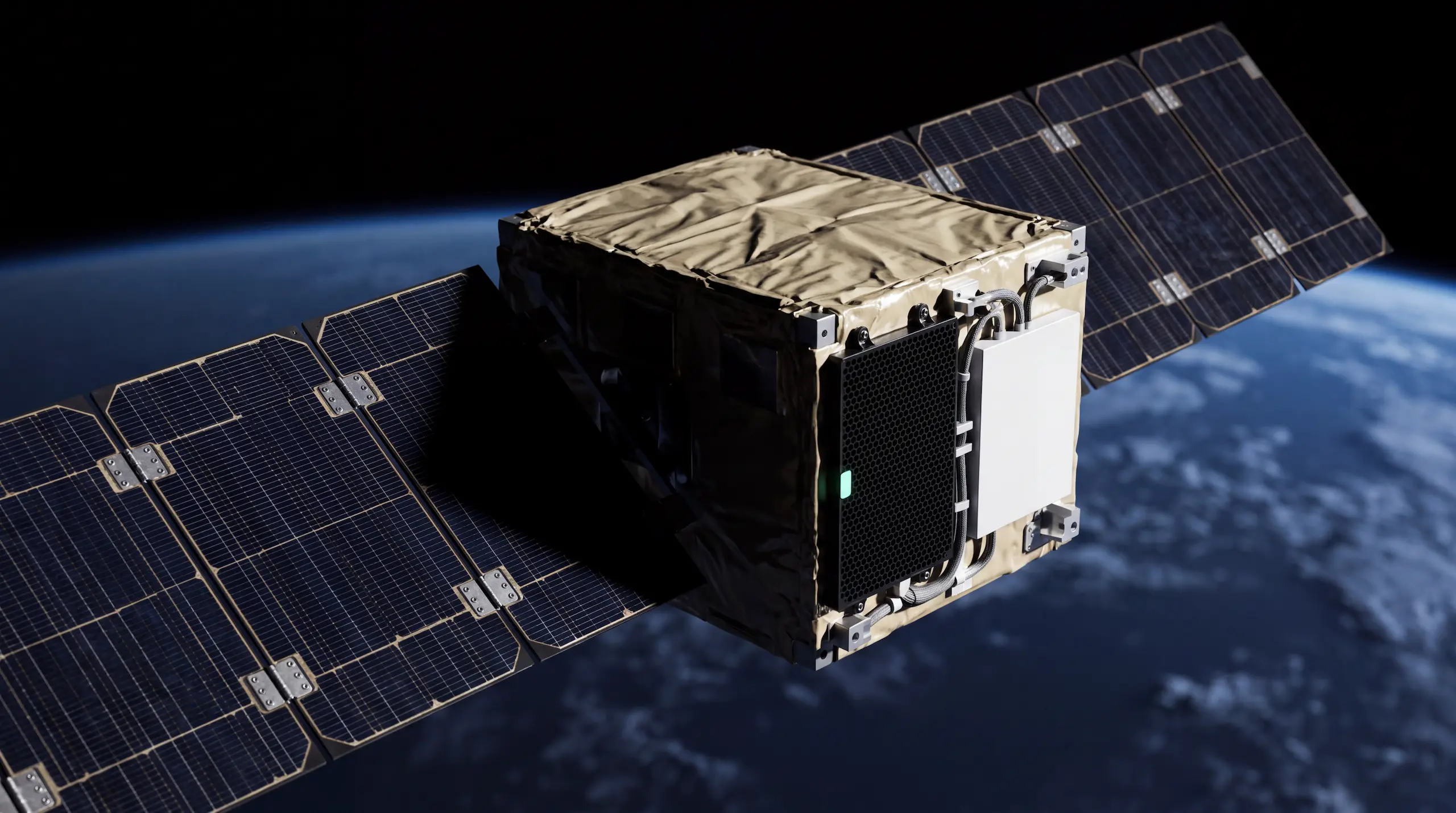 Small LEO communications satellite with deployed solar arrays, showing the onboard processing enclosure and thermal radiator panels that must shed the heat generated by continuous 5G NR network processing